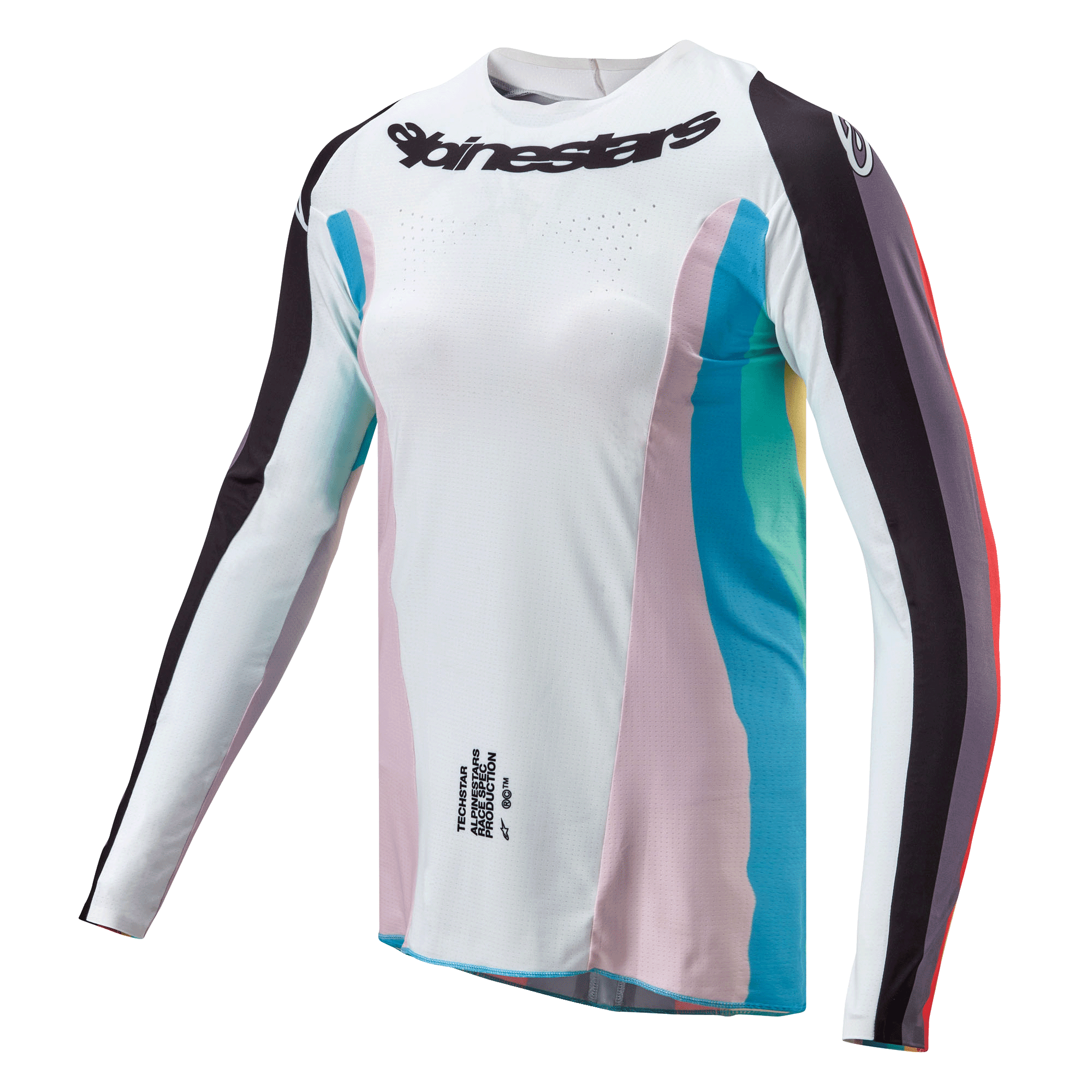 Alpinestars Stella 2024 Techstar Jersey, koszulka motocrossowa, czarny wielokolorowy, biały korpus z różowymi i turkusowymi panelami bocznymi, rękawy w czarne pasy, logo Alpinestars na piersi, sportowy damski krój z perforacjami wentylacyjnymi