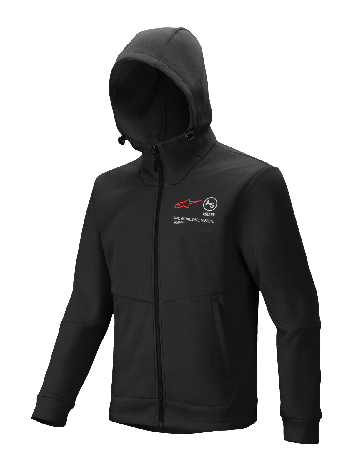 Alpinestars Racer MX Fleece, Black Full-Zip Hoodie, Motocross and Off-Road Riding Outerwear, featuring red and white chest graphics with 'ONE GOAL. ONE VISION.' text, adjustable hood with toggles, zippered hand pockets, ergonomic fit for trackside or riding use