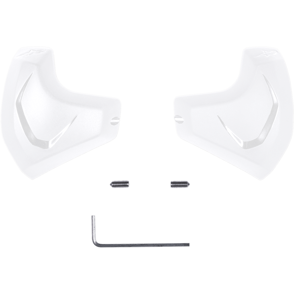 Alpinestars Elbow Sliders, białe, zestaw wymiennych sliderów łokciowych zawierający dwa poliuretanowe wkłady, śruby montażowe i klucz imbusowy, anatomicznie ukształtowane do motocyklowych kombinezonów wyścigowych