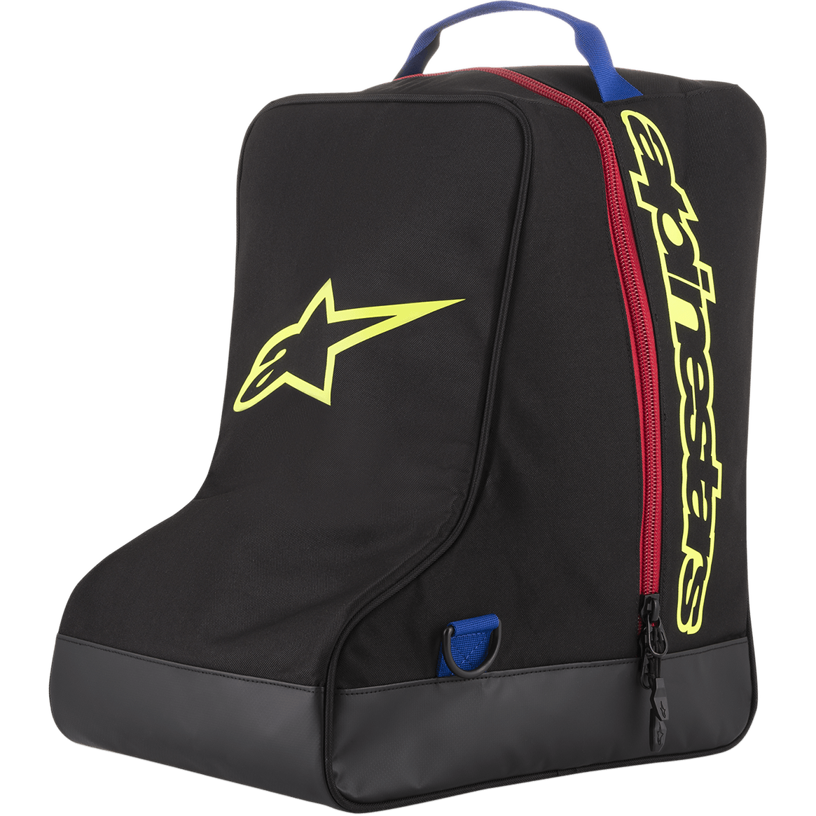 Alpinestars Boot Bag, czarno-żółta torba na sprzęt motocrossowy, czerwony zamek błyskawiczny i niebieski uchwyt, duże żółte logo gwiazdy i branding Alpinestars, wytrzymała podstawa z brezentu, specjalistyczny bagaż na buty do jazdy terenowej