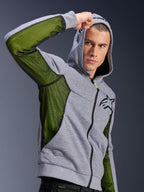 Alpinestars Chrome Air Sport Hoodie, szary melanż i czarny, motocyklowa bluza z kapturem z jaskrawozielonymi panelami wentylacyjnymi z siatki pod rękawami i na bokach, techniczny polar, czarne logo na piersi, miejska odzież motocyklowa