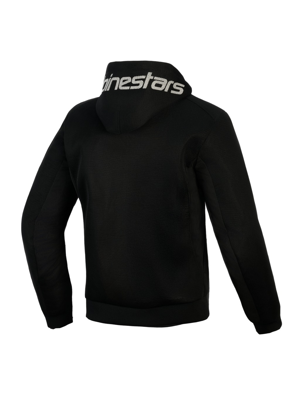 Alpinestars Chrome Superairflow Hoodie, czarna bluza motocyklowa, widok z tyłu, biały napis Alpinestars na kapturze, pełna konstrukcja z technicznej siatki 3D zapewniająca wentylację, ochronna odzież na ciepłe dni