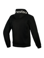 Alpinestars Chrome Superairflow Hoodie, czarna bluza motocyklowa, widok z tyłu, biały napis Alpinestars na kapturze, pełna konstrukcja z technicznej siatki 3D zapewniająca wentylację, ochronna odzież na ciepłe dni