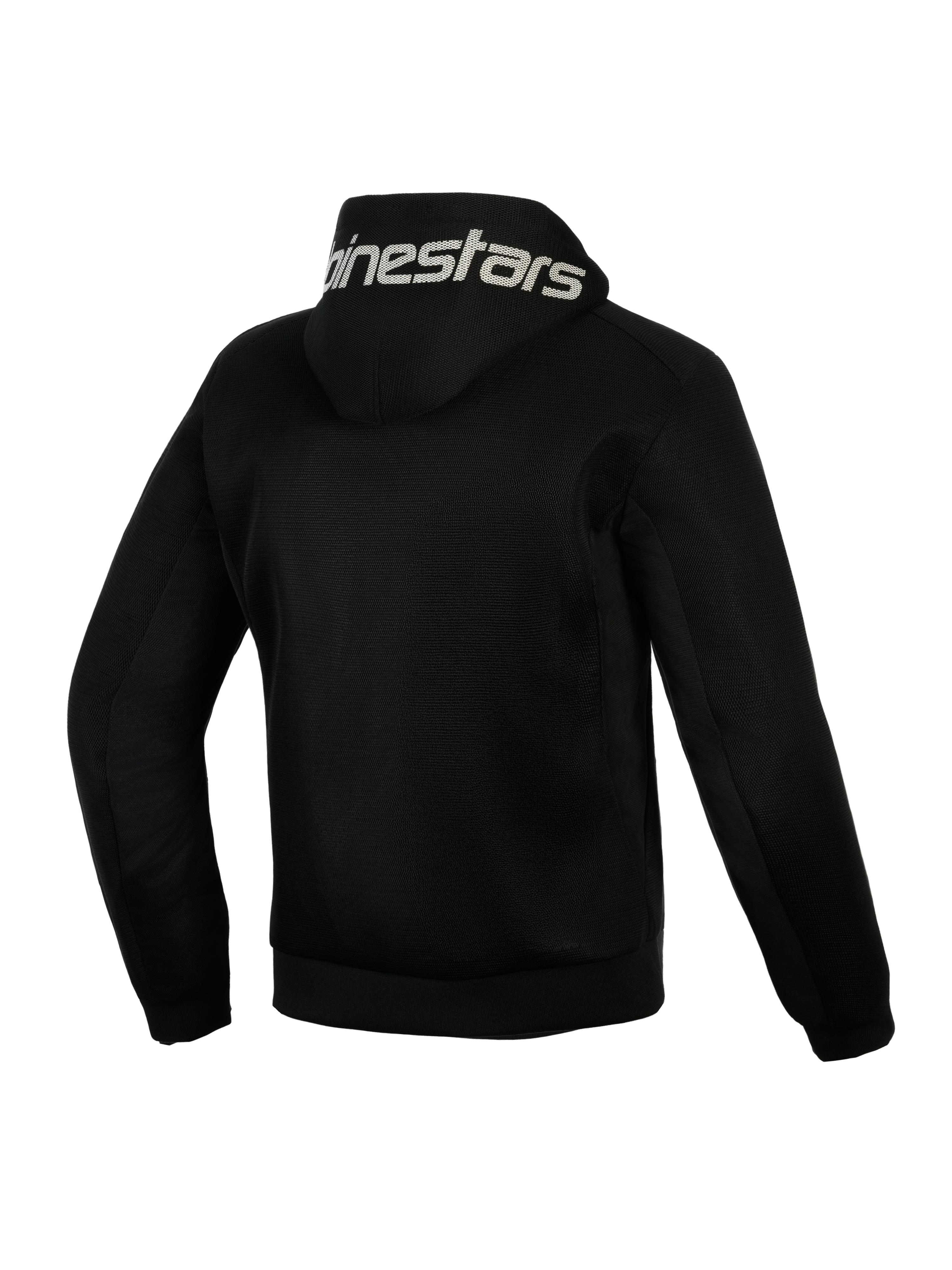 Alpinestars Chrome Superairflow Hoodie, czarna bluza motocyklowa, widok z tyłu, biały napis Alpinestars na kapturze, pełna konstrukcja z technicznej siatki 3D zapewniająca wentylację, ochronna odzież na ciepłe dni