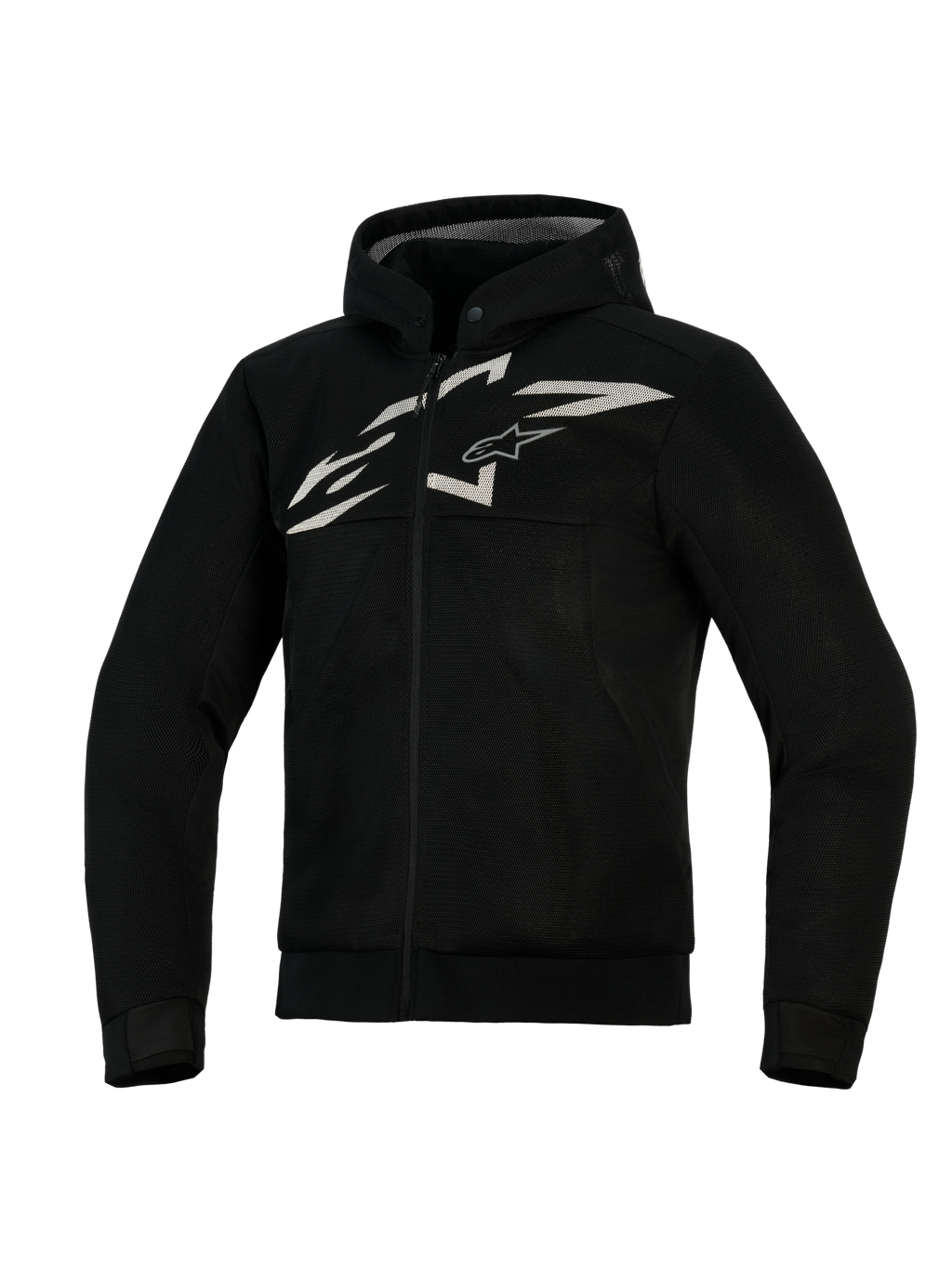 Alpinestars Chrome Superairflow Hoodie, wentylowana bluza motocyklowa, czarna z białym i szarym logo, o pełnej konstrukcji z siatki 3D, zapinana na zamek ze zintegrowanym kapturem, sportowy krój do jazdy wyścigowej