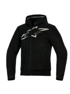 Alpinestars Chrome Superairflow Hoodie, wentylowana bluza motocyklowa, czarna z białym i szarym logo, o pełnej konstrukcji z siatki 3D, zapinana na zamek ze zintegrowanym kapturem, sportowy krój do jazdy wyścigowej