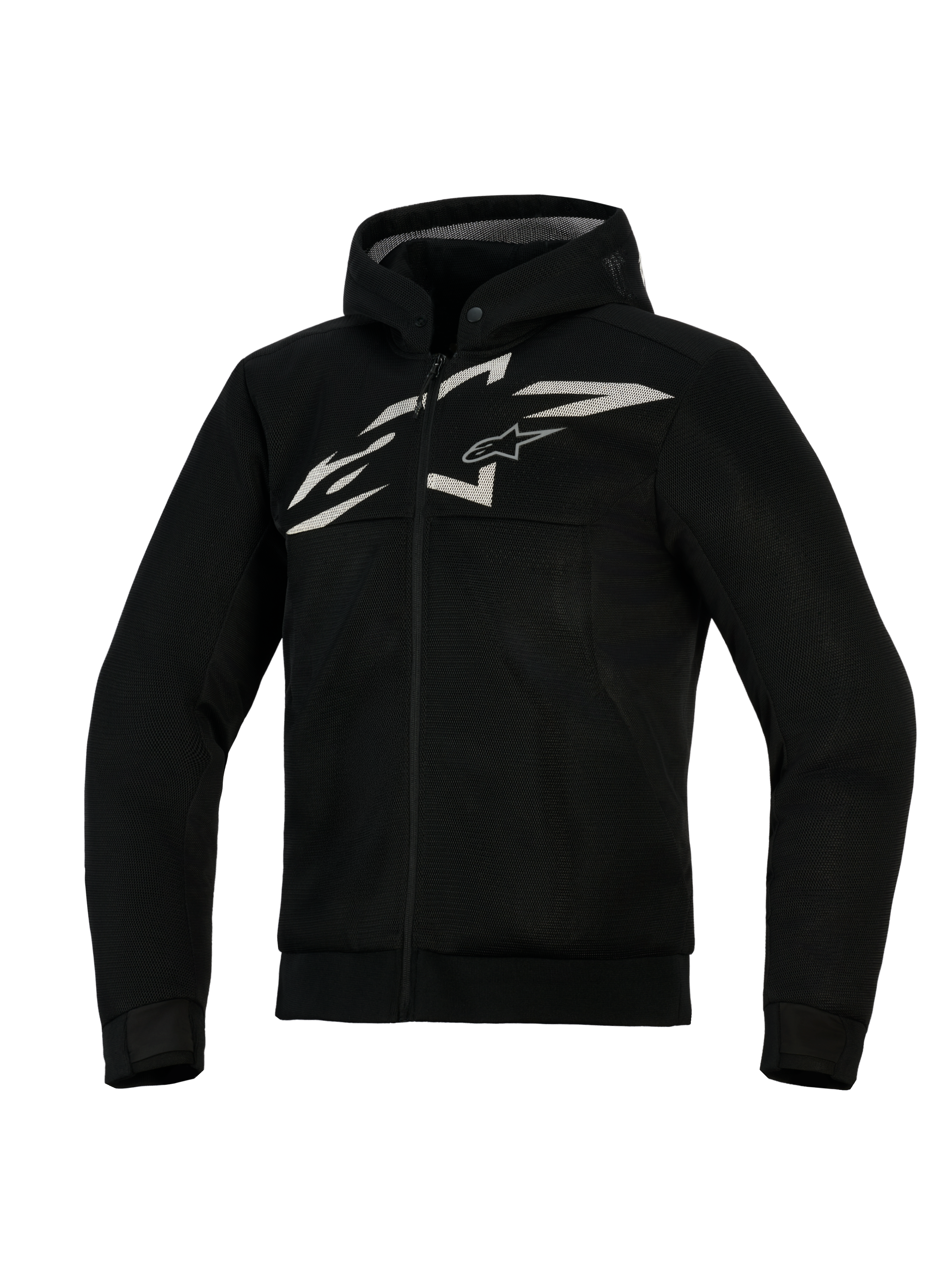 Alpinestars Chrome Superairflow Hoodie, wentylowana bluza motocyklowa, czarna z białym i szarym logo, o pełnej konstrukcji z siatki 3D, zapinana na zamek ze zintegrowanym kapturem, sportowy krój do jazdy wyścigowej