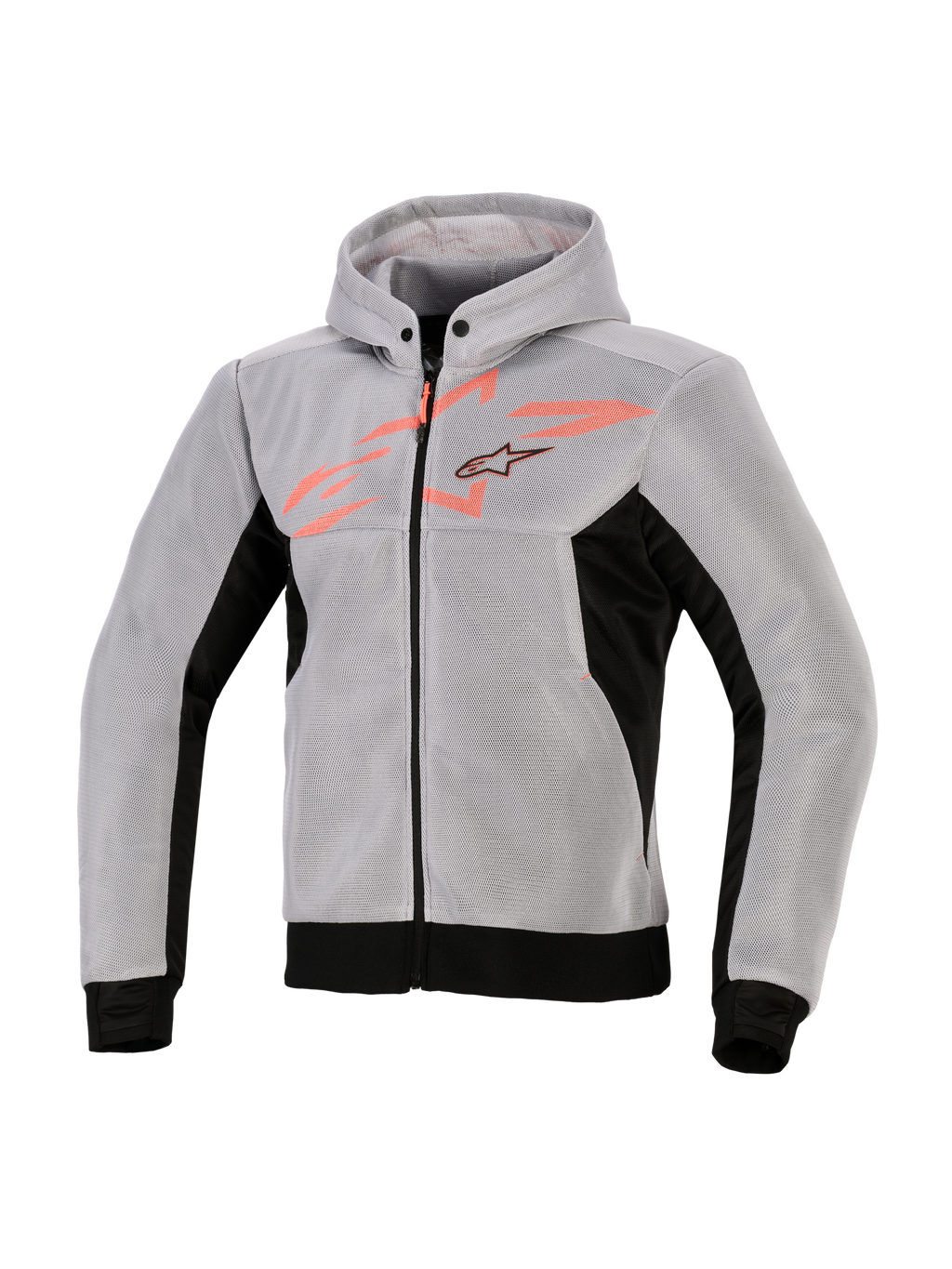 Alpinestars Chrome Superairflow Hoodie, techniczna bluza motocyklowa, czarna, średnioszara i czerwona fluo, konstrukcja z technicznej siatki 3D, jasnoszara z czarnymi panelami bocznymi i dołem, czerwona grafika fluo na klatce piersiowej z logo gwiazdy Alpinestars, sportowa odzież motocyklowa