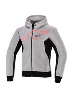 Alpinestars Chrome Superairflow Hoodie, techniczna bluza motocyklowa, czarna, średnioszara i czerwona fluo, konstrukcja z technicznej siatki 3D, jasnoszara z czarnymi panelami bocznymi i dołem, czerwona grafika fluo na klatce piersiowej z logo gwiazdy Alpinestars, sportowa odzież motocyklowa