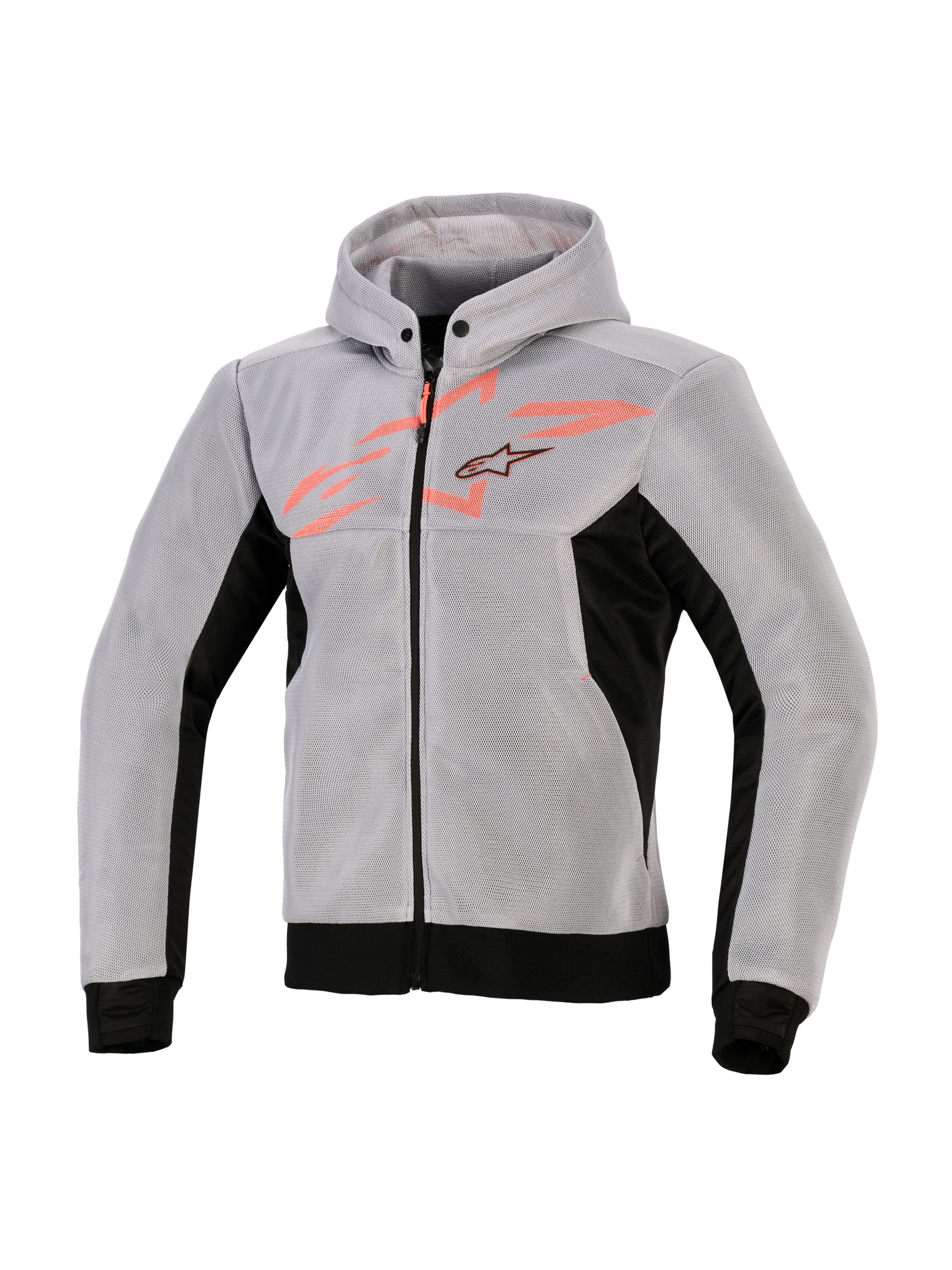 Alpinestars Chrome Superairflow Hoodie, techniczna bluza motocyklowa, czarna, średnioszara i czerwona fluo, konstrukcja z technicznej siatki 3D, jasnoszara z czarnymi panelami bocznymi i dołem, czerwona grafika fluo na klatce piersiowej z logo gwiazdy Alpinestars, sportowa odzież motocyklowa