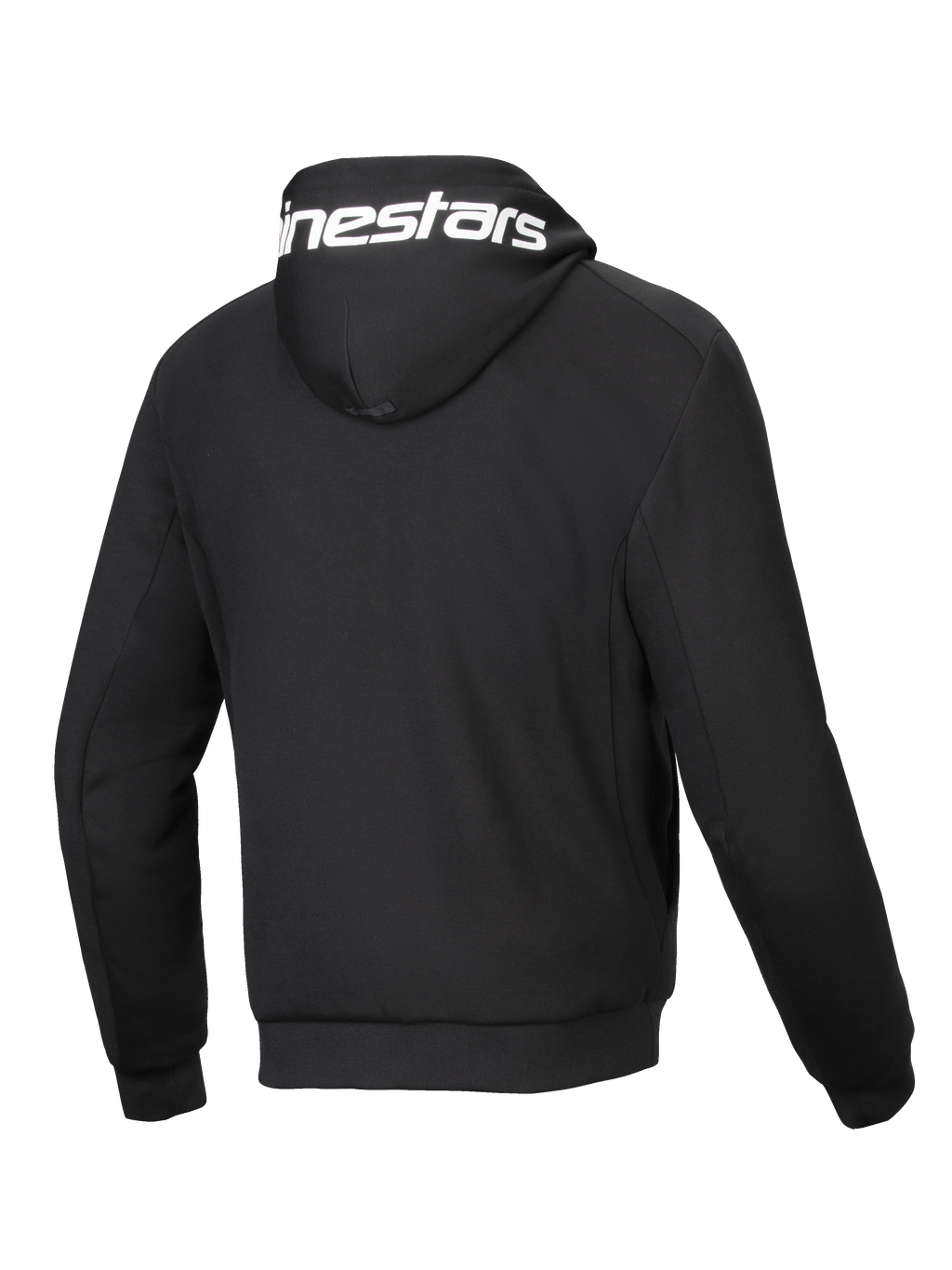 Alpinestars Kurtka z kapturem Chrome V2 Sport, męska miejska kurtka motocyklowa, czarna, widok z tyłu, białe logo na kapturze, polar techniczny.