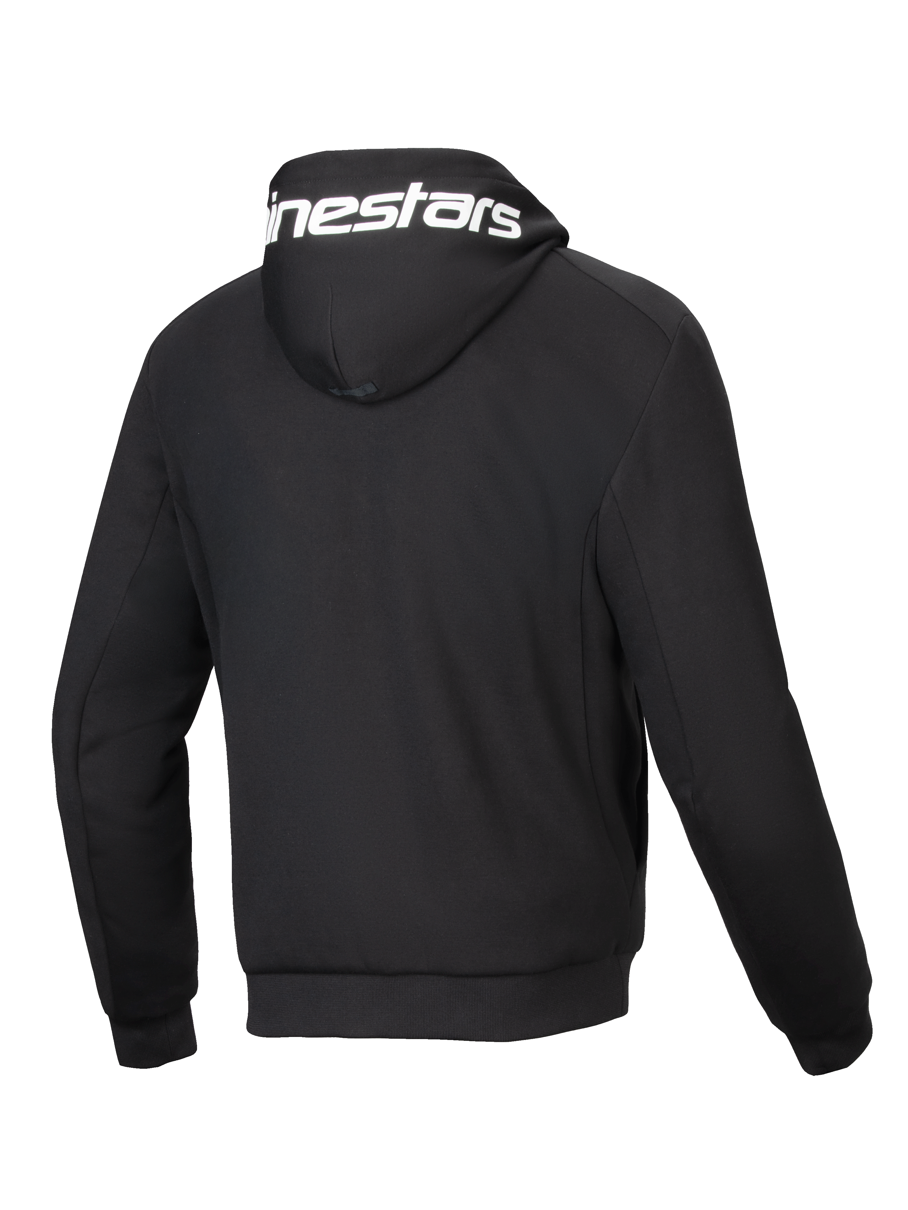 Alpinestars Kurtka z kapturem Chrome V2 Sport, męska miejska kurtka motocyklowa, czarna, widok z tyłu, białe logo na kapturze, polar techniczny.