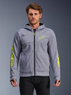 Alpinestars Chrome V2 Sport Hoodie, Gray and Fluo Yellow tech fleece urban riding jacket shown on model.
