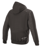 Alpinestars Rhod Windstopper Hoodie, miejska kurtka motocyklowa, Melange Black, widok z tyłu z odpinanym kapturem, ściągaczami na mankietach i u dołu oraz subtelnym logo z gwiazdą na plecach.