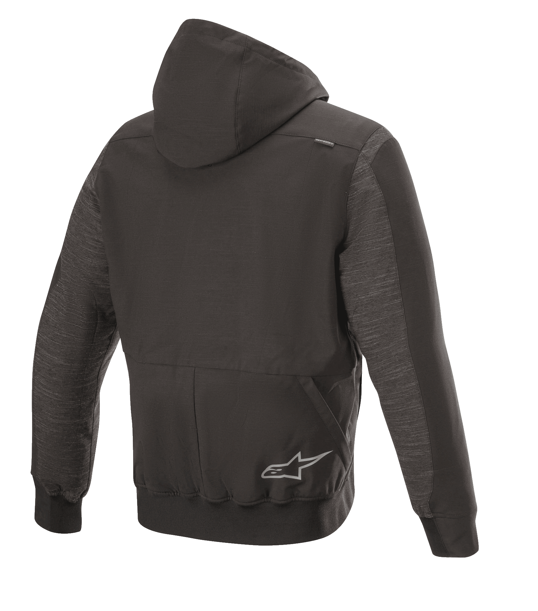 Alpinestars Rhod Windstopper Hoodie, miejska kurtka motocyklowa, Melange Black, widok z tyłu z odpinanym kapturem, ściągaczami na mankietach i u dołu oraz subtelnym logo z gwiazdą na plecach.