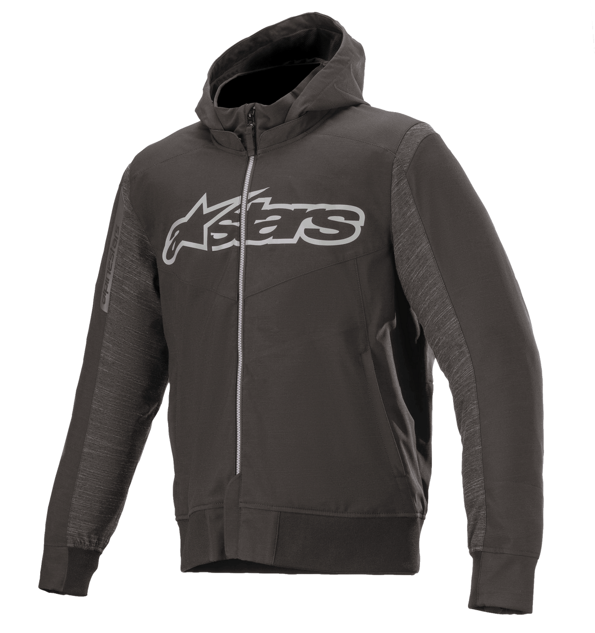 Alpinestars Rhod Windstopper Hoodie, bluza motocyklowa z kapturem, kolor czarno-szary melanż, duże jasnoszare logo Astars na piersi, teksturowane panele boczne, ściągacze w mankietach i pasie, miejska odzież ochronna