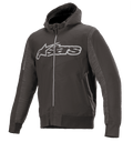 Alpinestars Rhod Windstopper Hoodie, bluza motocyklowa z kapturem, kolor czarno-szary melanż, duże jasnoszare logo Astars na piersi, teksturowane panele boczne, ściągacze w mankietach i pasie, miejska odzież ochronna