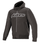 Alpinestars Rhod Windstopper Hoodie, bluza motocyklowa z kapturem, kolor czarno-szary melanż, duże jasnoszare logo Astars na piersi, teksturowane panele boczne, ściągacze w mankietach i pasie, miejska odzież ochronna