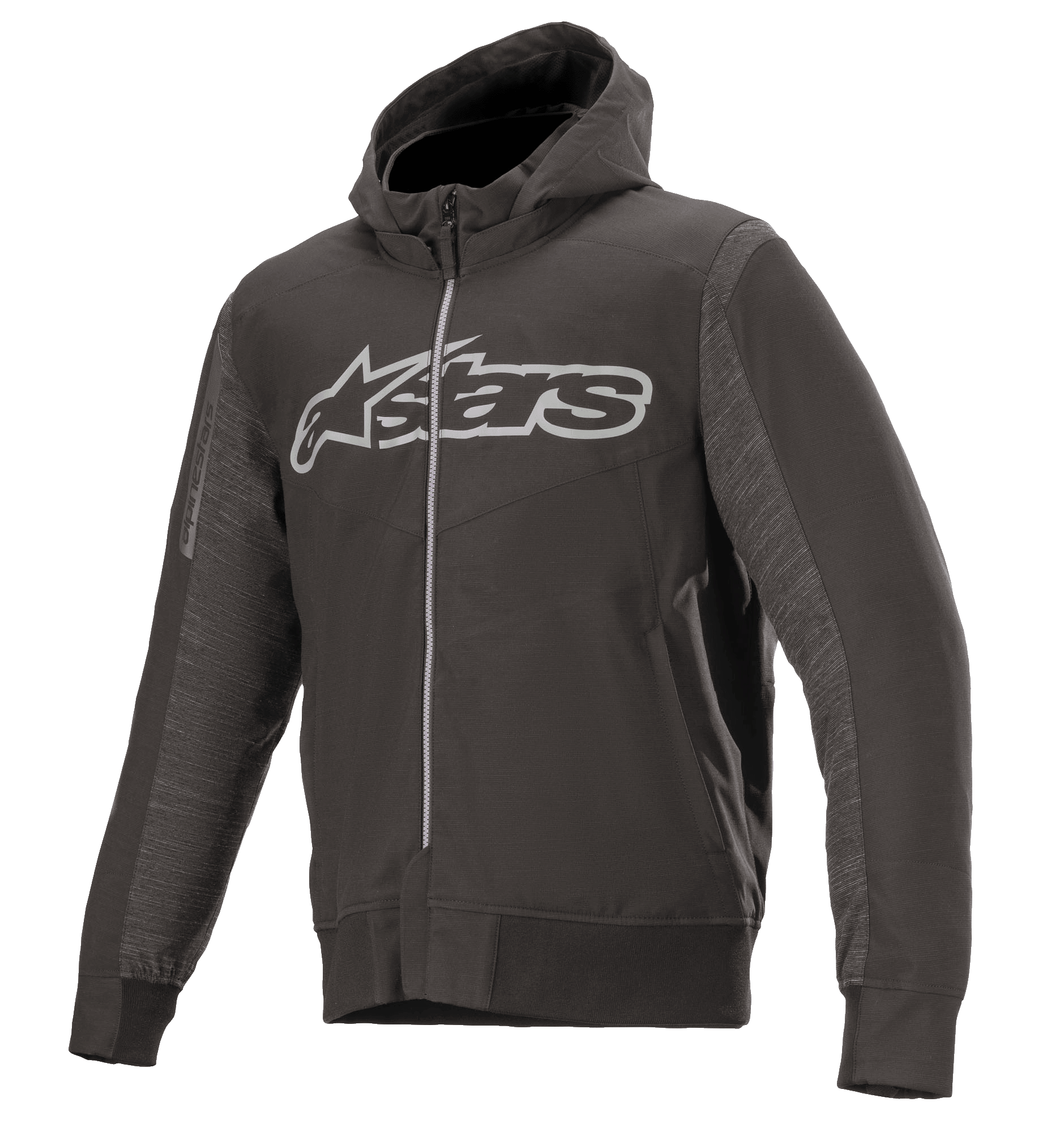Alpinestars Rhod Windstopper Hoodie, bluza motocyklowa z kapturem, kolor czarno-szary melanż, duże jasnoszare logo Astars na piersi, teksturowane panele boczne, ściągacze w mankietach i pasie, miejska odzież ochronna