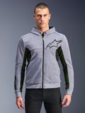 Alpinestars Chrome Air Sport Hoodie, szary melanż i czarny, miejska bluza motocyklowa z pełnym zamkiem, czarne logo gwiazdy, wyraźne czarno-żółte panele boczne z siatki, odzież uliczna inspirowana sportami motorowymi