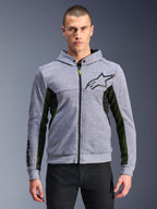 Alpinestars Chrome Air Sport Hoodie, szary melanż i czarny, miejska bluza motocyklowa z pełnym zamkiem, czarne logo gwiazdy, wyraźne czarno-żółte panele boczne z siatki, odzież uliczna inspirowana sportami motorowymi