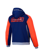 Alpinestars Bluza Z Kapturem MM93 Chrome V2 Sport, męska bluza motocyklowa, widok z tyłu pokazujący niebieski, granatowy, szary i czerwony kolor, z grafiką Marca Marqueza oraz certyfikatem CE