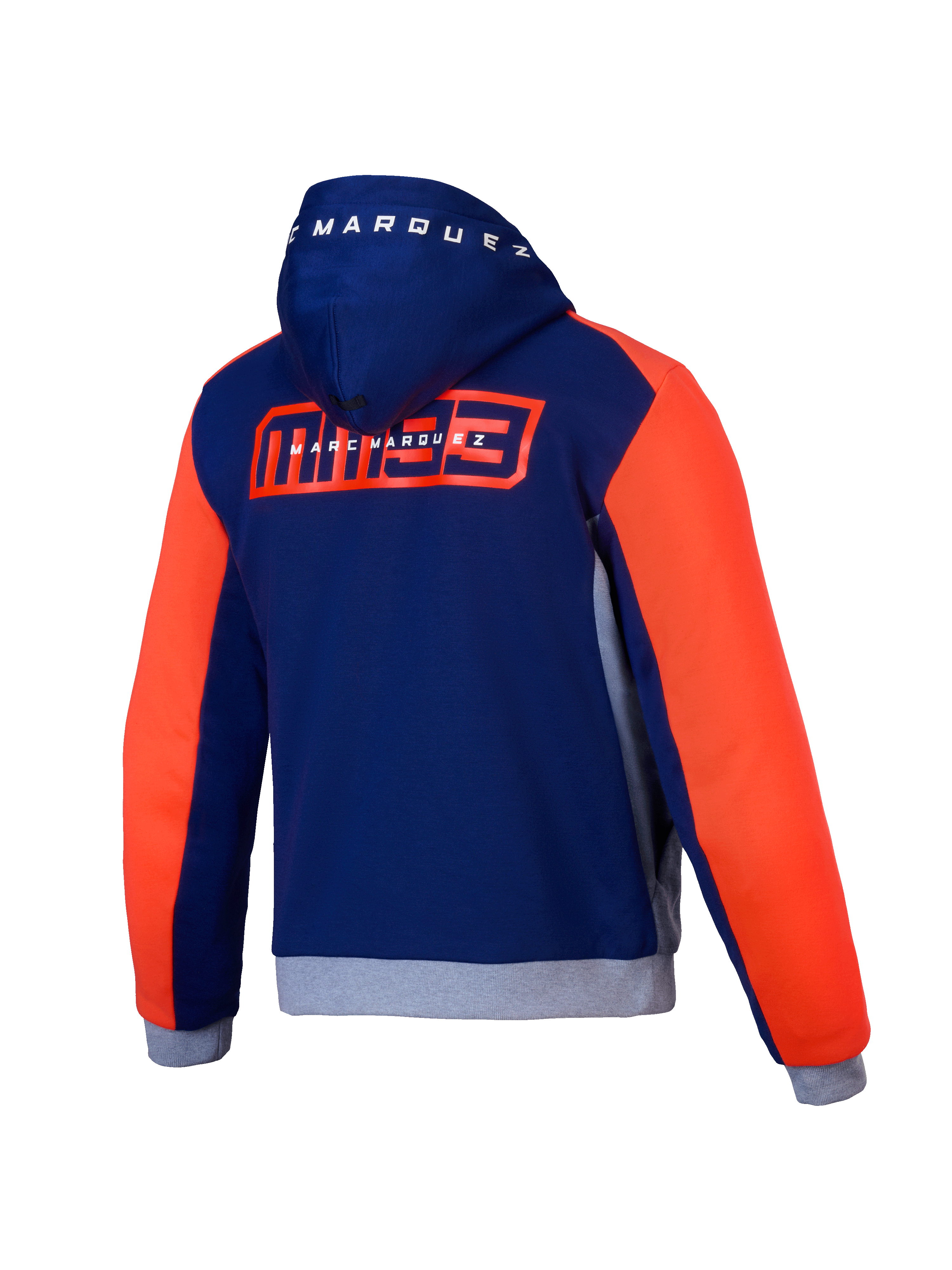 Alpinestars Bluza Z Kapturem MM93 Chrome V2 Sport, męska bluza motocyklowa, widok z tyłu pokazujący niebieski, granatowy, szary i czerwony kolor, z grafiką Marca Marqueza oraz certyfikatem CE