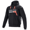 Alpinestars Chrome Ignition Hoodie, Black and Red Fluo, protective zip-up motorcycle hoodie with white chest branding, red drawstrings, and ribbed cuffs, urban riding gear