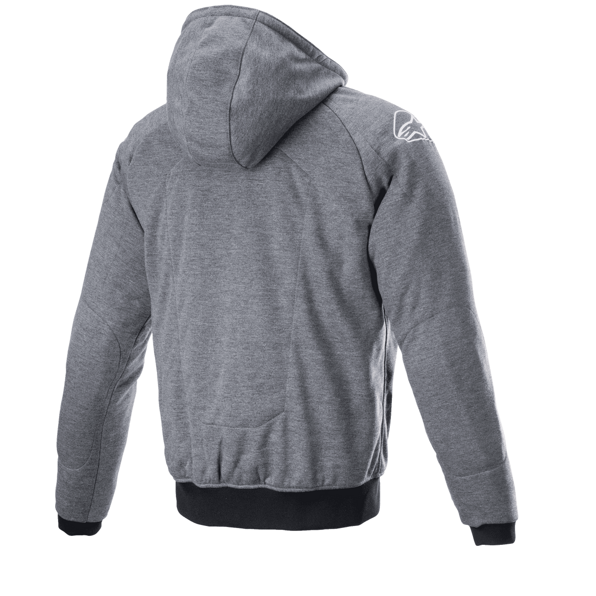 Alpinestars Chrome Ignition Hoodie, ciemnoszary melanż, widok z tyłu ukazujący kaptur i teksturę materiału, białe logo na prawym ramieniu, czarne ściągacze przy mankietach i w pasie, codzienna miejska odzież motocyklowa.