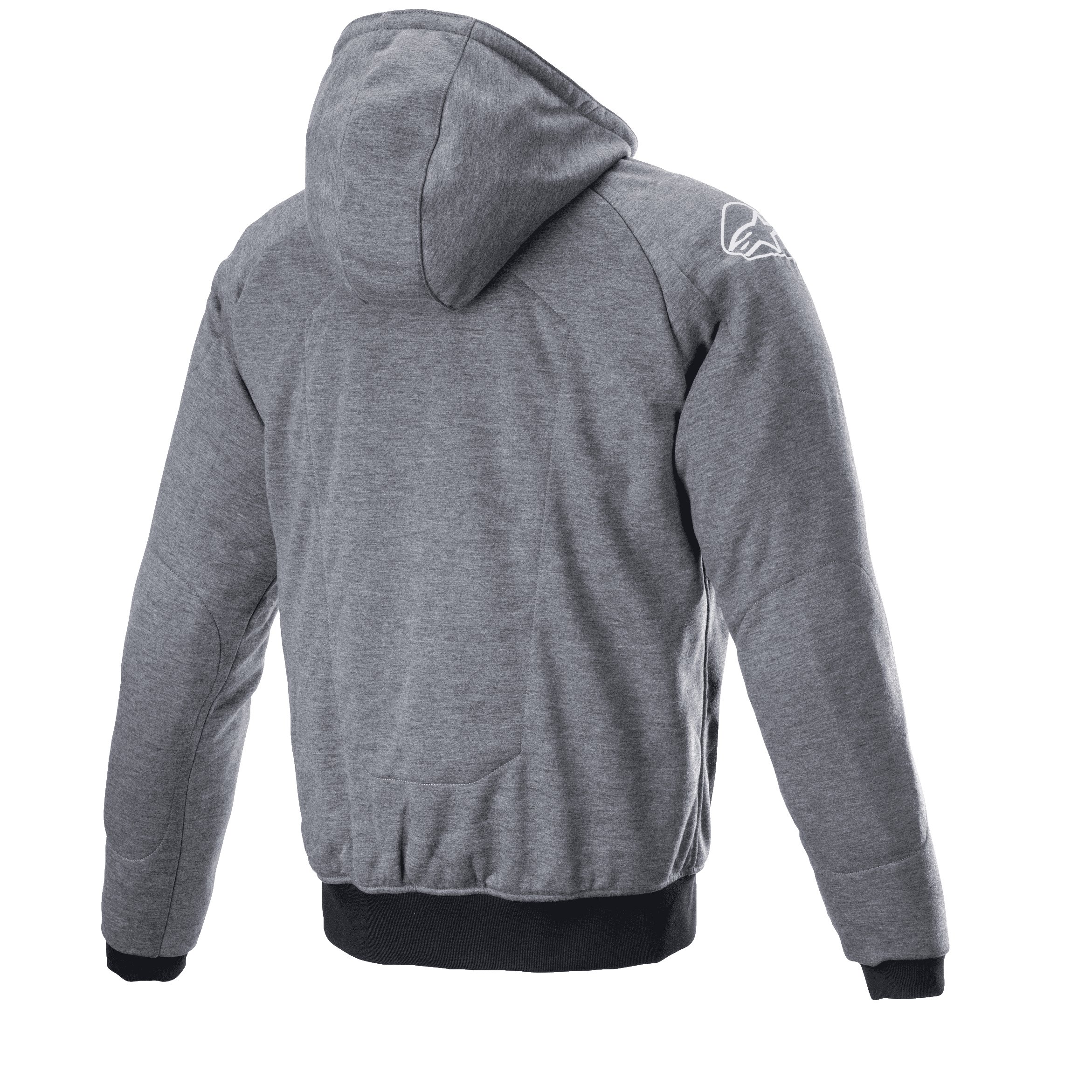 Alpinestars Chrome Ignition Hoodie, ciemnoszary melanż, widok z tyłu ukazujący kaptur i teksturę materiału, białe logo na prawym ramieniu, czarne ściągacze przy mankietach i w pasie, codzienna miejska odzież motocyklowa.
