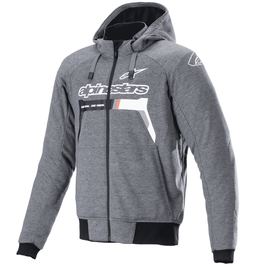 Alpinestars Chrome Ignition Hoodie, rozpinana bluza motocyklowa z kapturem, szary melanż, białe logo i napis Alpinestars na klatce piersiowej z pomarańczowymi detalami, czarne prążkowane mankiety i ściągacz, miejska odzież motocyklowa