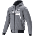 Alpinestars Chrome Ignition Hoodie, rozpinana bluza motocyklowa z kapturem, szary melanż, białe logo i napis Alpinestars na klatce piersiowej z pomarańczowymi detalami, czarne prążkowane mankiety i ściągacz, miejska odzież motocyklowa