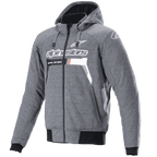 Alpinestars Chrome Ignition Hoodie, rozpinana bluza motocyklowa z kapturem, szary melanż, białe logo i napis Alpinestars na klatce piersiowej z pomarańczowymi detalami, czarne prążkowane mankiety i ściągacz, miejska odzież motocyklowa