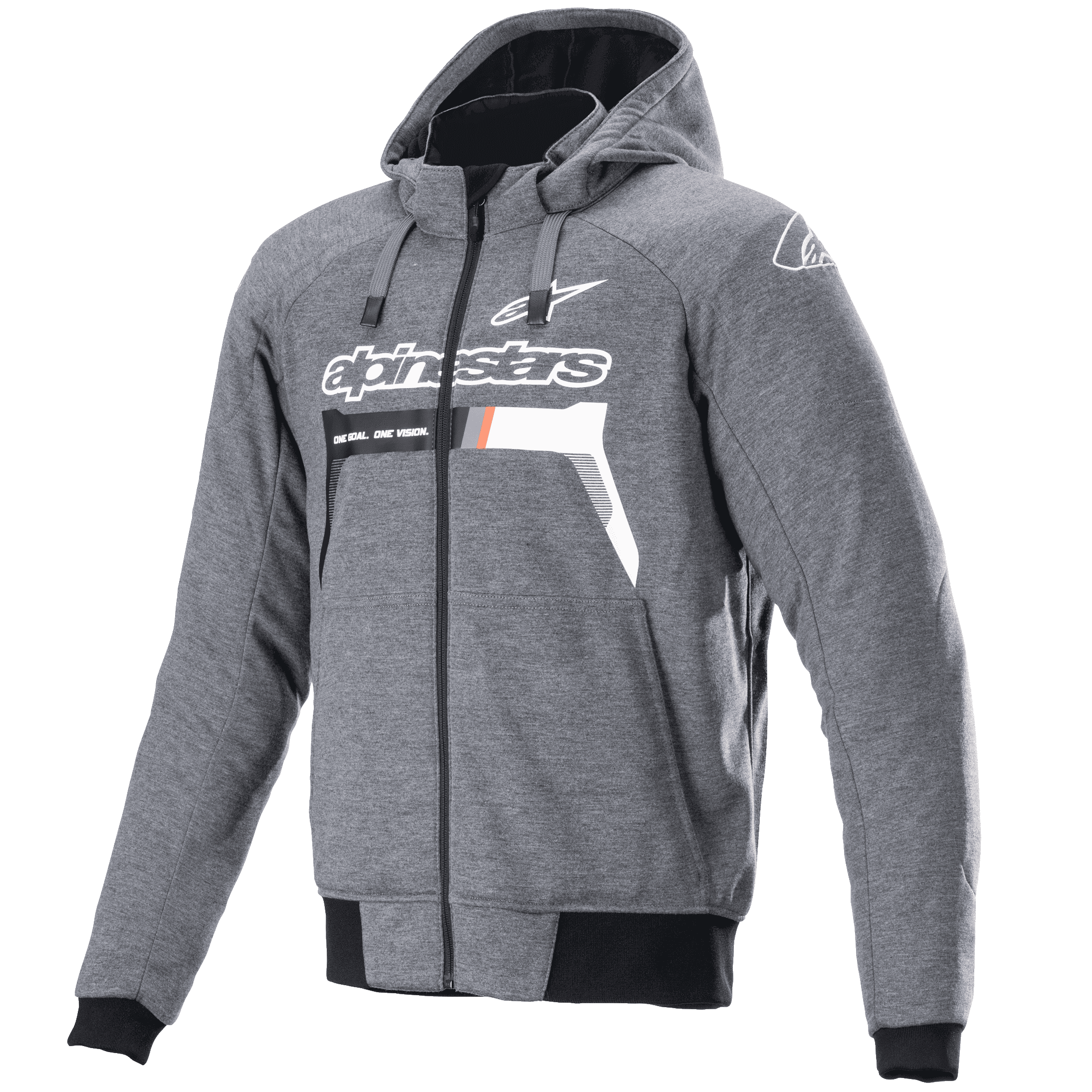 Alpinestars Chrome Ignition Hoodie, rozpinana bluza motocyklowa z kapturem, szary melanż, białe logo i napis Alpinestars na klatce piersiowej z pomarańczowymi detalami, czarne prążkowane mankiety i ściągacz, miejska odzież motocyklowa