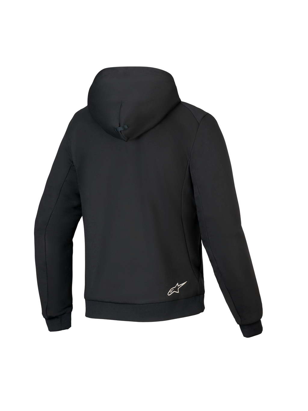 Alpinestars Honda Chrome V3 Sport Hoodie, czarna, widok z tyłu bluzy motocyklowej, konstrukcja z technicznego polaru, kaptur z zapięciem na zatrzask, ściągacze przy mankietach i na dole, małe białe logo Alpinestars na dole pleców