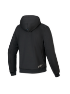 Alpinestars Honda Chrome V3 Sport Hoodie, czarna, widok z tyłu bluzy motocyklowej, konstrukcja z technicznego polaru, kaptur z zapięciem na zatrzask, ściągacze przy mankietach i na dole, małe białe logo Alpinestars na dole pleców