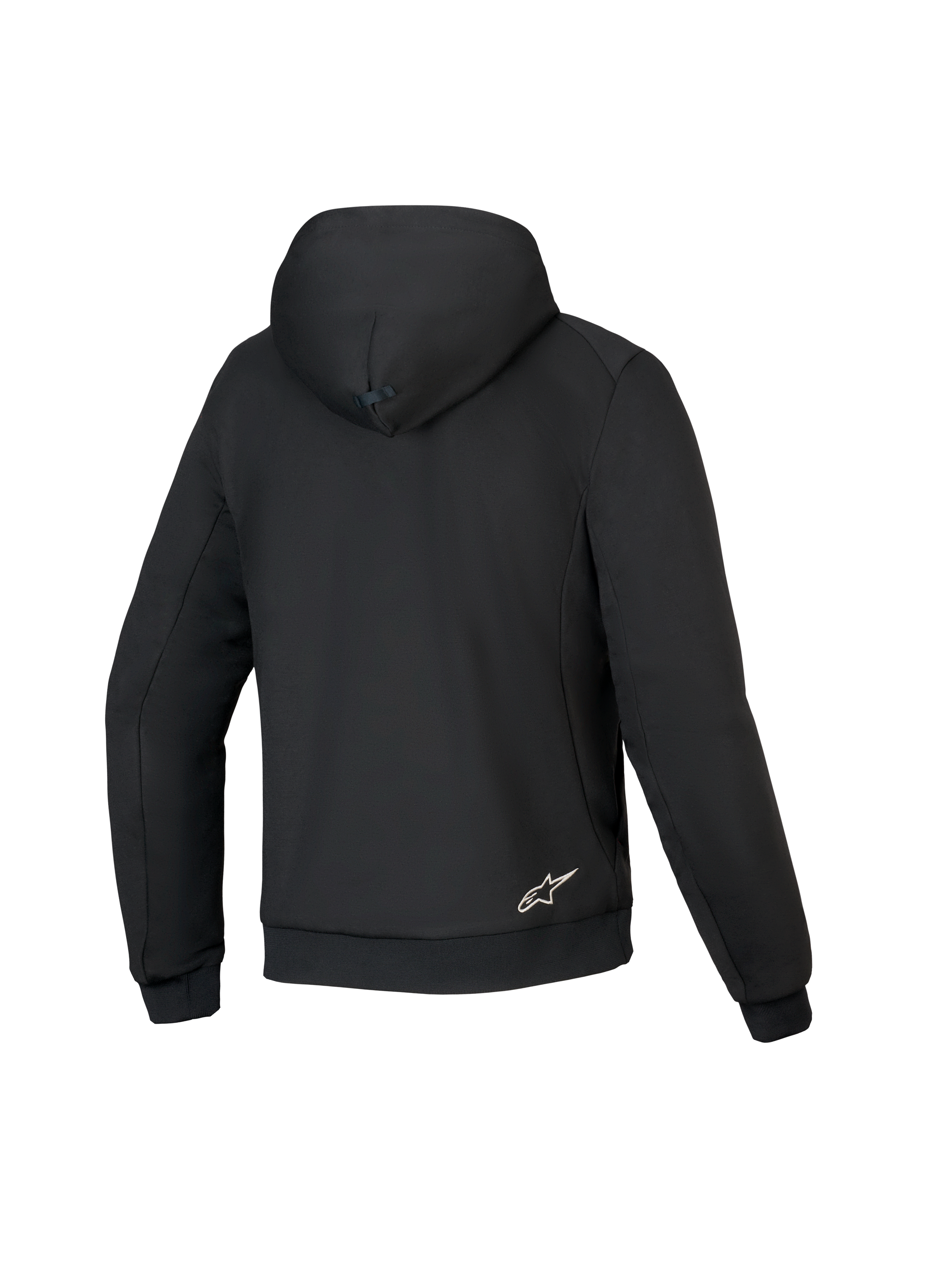 Alpinestars Honda Chrome V3 Sport Hoodie, czarna, widok z tyłu bluzy motocyklowej, konstrukcja z technicznego polaru, kaptur z zapięciem na zatrzask, ściągacze przy mankietach i na dole, małe białe logo Alpinestars na dole pleców