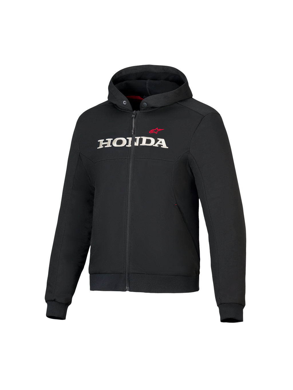 Honda Chrome V3 Sport Hoodie, czarna bluza z kapturem i zamkiem z przodu, białe logo HONDA i czerwona gwiazda Alpinestars na piersi, długie rękawy ze ściągaczami, czerwona podszewka kaptura, miejska odzież motocyklowa
