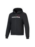 Honda Chrome V3 Sport Hoodie, czarna bluza z kapturem i zamkiem z przodu, białe logo HONDA i czerwona gwiazda Alpinestars na piersi, długie rękawy ze ściągaczami, czerwona podszewka kaptura, miejska odzież motocyklowa