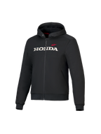Honda Chrome V3 Sport Hoodie, czarna bluza z kapturem i zamkiem z przodu, białe logo HONDA i czerwona gwiazda Alpinestars na piersi, długie rękawy ze ściągaczami, czerwona podszewka kaptura, miejska odzież motocyklowa