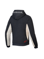 Alpinestars Honda Chrome V3 Sport Hoodie, miejska bluza motocyklowa, kolor antracytowy melanż i złamana biel, widok z tyłu przedstawiający srebrne logo Honda na kapturze oraz czerwone logo gwiazdy Alpinestars na dole pleców, konstrukcja z technicznego polaru