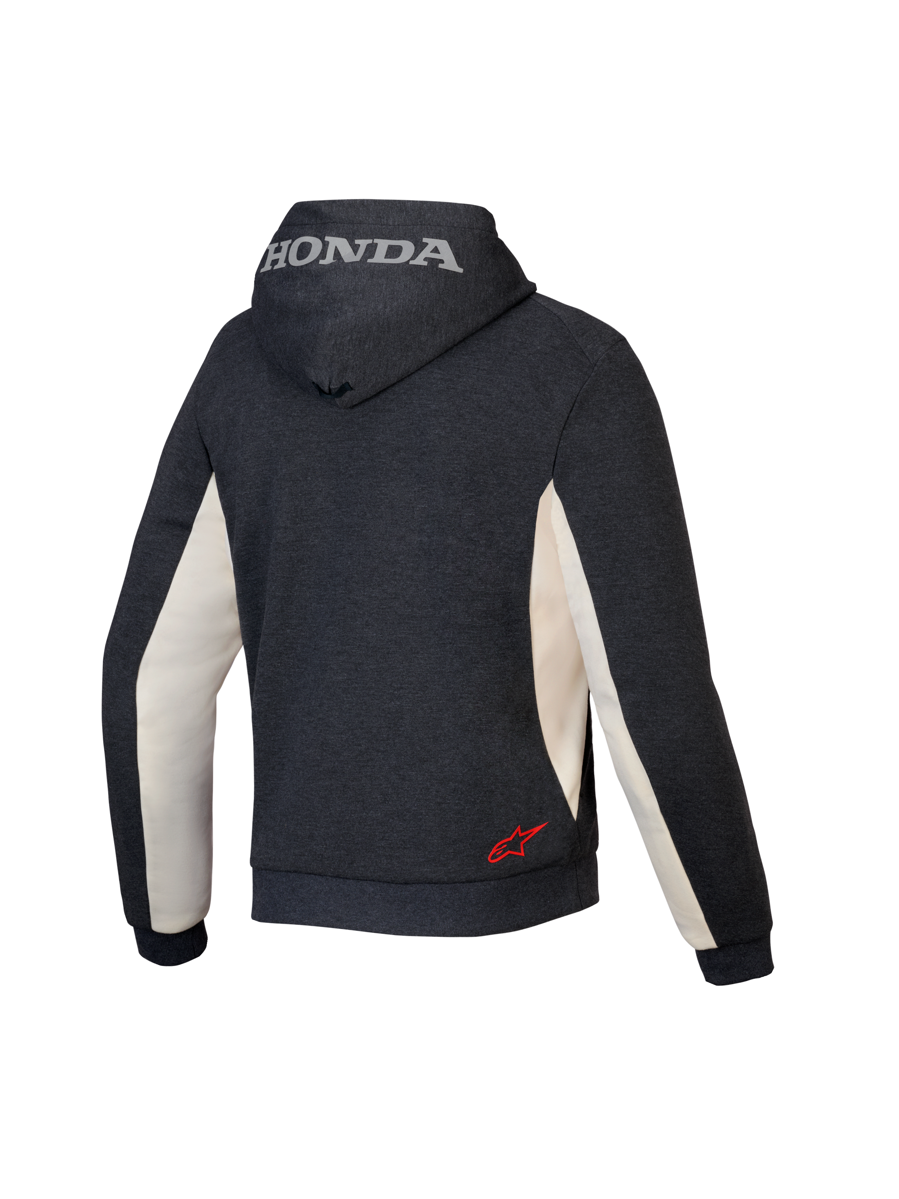 Alpinestars Honda Chrome V3 Sport Hoodie, miejska bluza motocyklowa, kolor antracytowy melanż i złamana biel, widok z tyłu przedstawiający srebrne logo Honda na kapturze oraz czerwone logo gwiazdy Alpinestars na dole pleców, konstrukcja z technicznego polaru