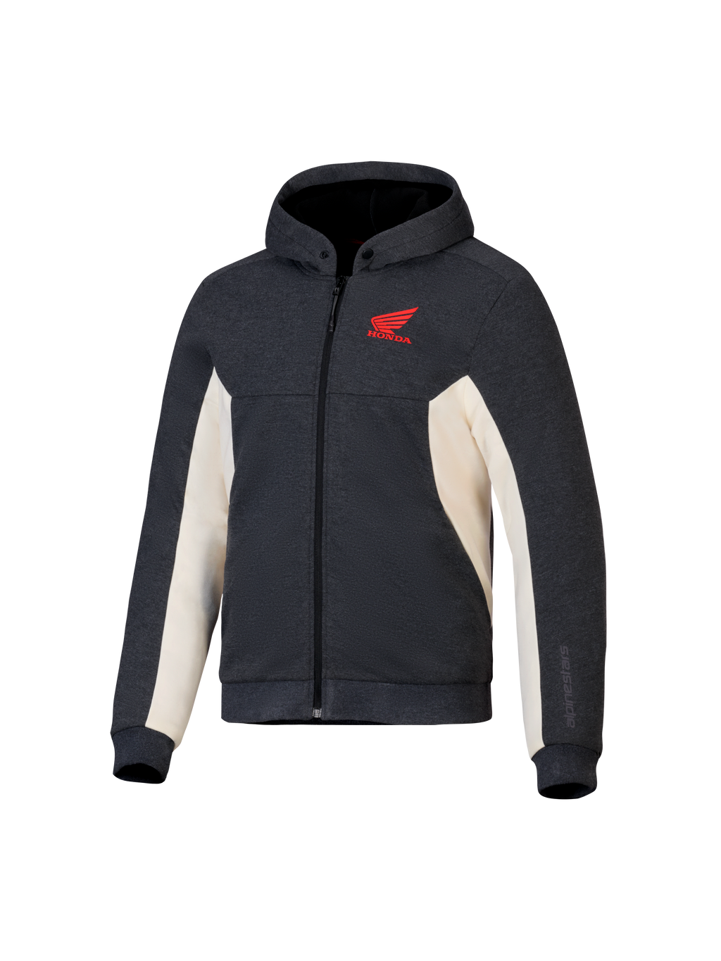 Bluza z kapturem Alpinestars Honda Chrome V3 Sport, antracytowy melanż i złamana biel, czerwone logo Honda Wing na piersi, polar techniczny z pełnym zamkiem, kaptur na zatrzaski i żebrowane mankiety, miejska odzież motocyklowa