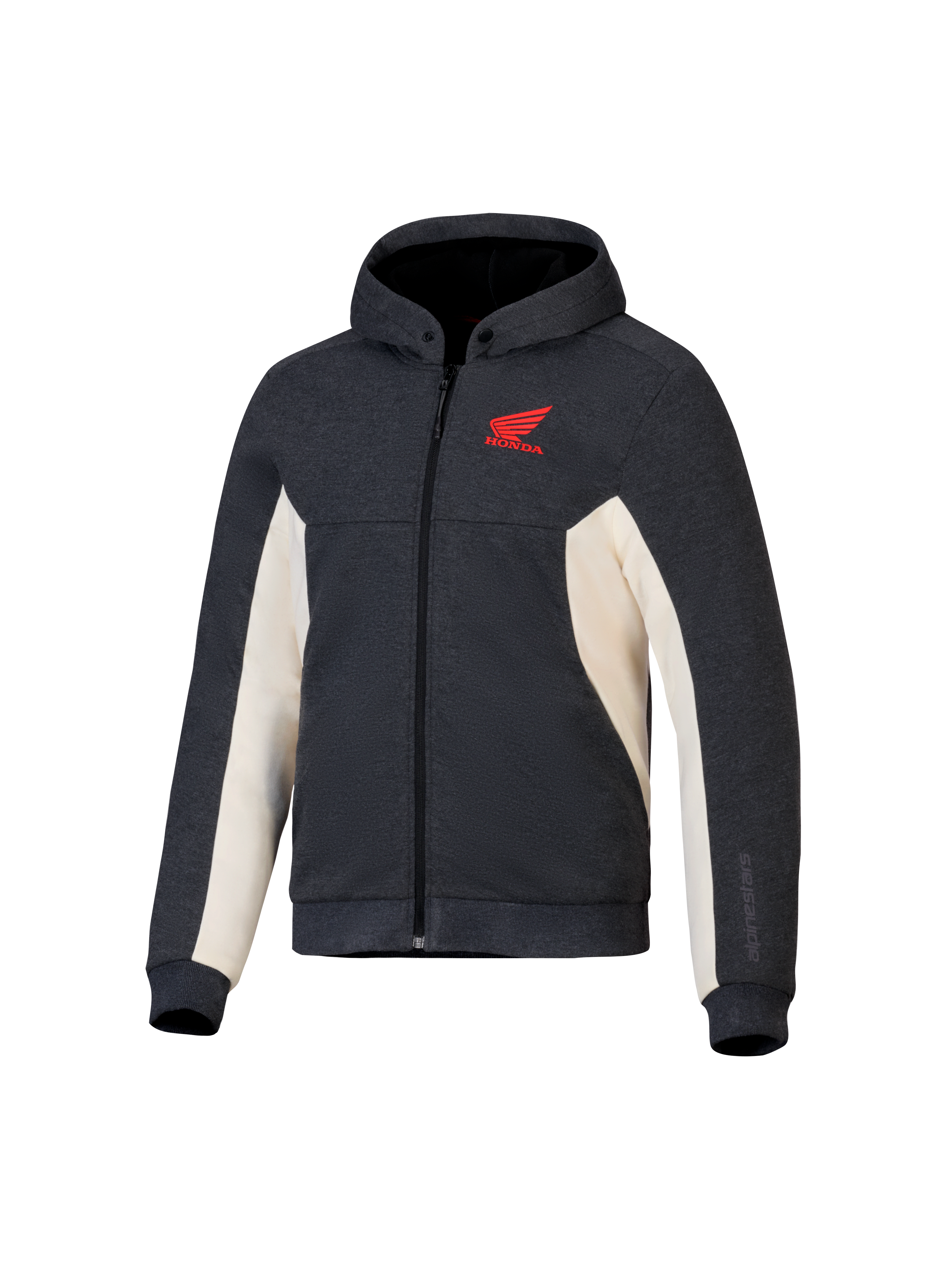 Bluza z kapturem Alpinestars Honda Chrome V3 Sport, antracytowy melanż i złamana biel, czerwone logo Honda Wing na piersi, polar techniczny z pełnym zamkiem, kaptur na zatrzaski i żebrowane mankiety, miejska odzież motocyklowa