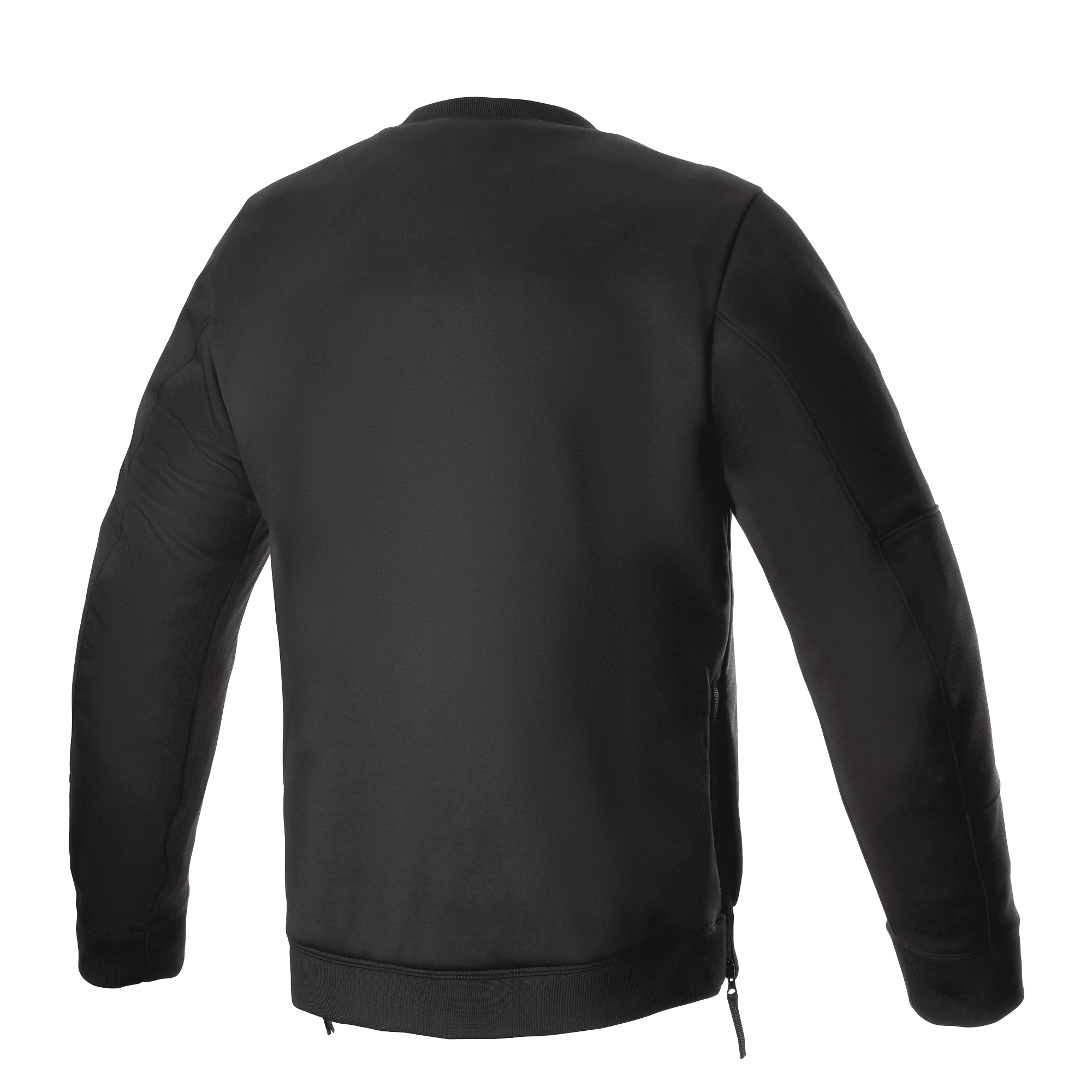 Alpinestars Legit Crew Fleece, czarna bluza motocyklowa, widok z tyłu, okrągły dekolt ze ściągaczami na mankietach i dole, boczne zamki błyskawiczne, codzienna odzież ochronna dla motocyklistów