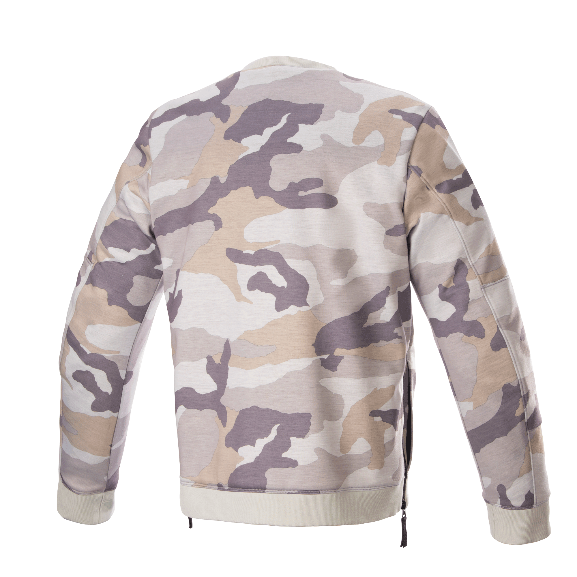 Alpinestars Legit Crew Fleece, polar motocyklowy, Light Gray Camo, widok z tyłu, wzór kamuflażu w odcieniach szarości i beżu, ściągacz przy kołnierzu i na dole, boczne zamki błyskawiczne, casualowa miejska odzież motocyklowa