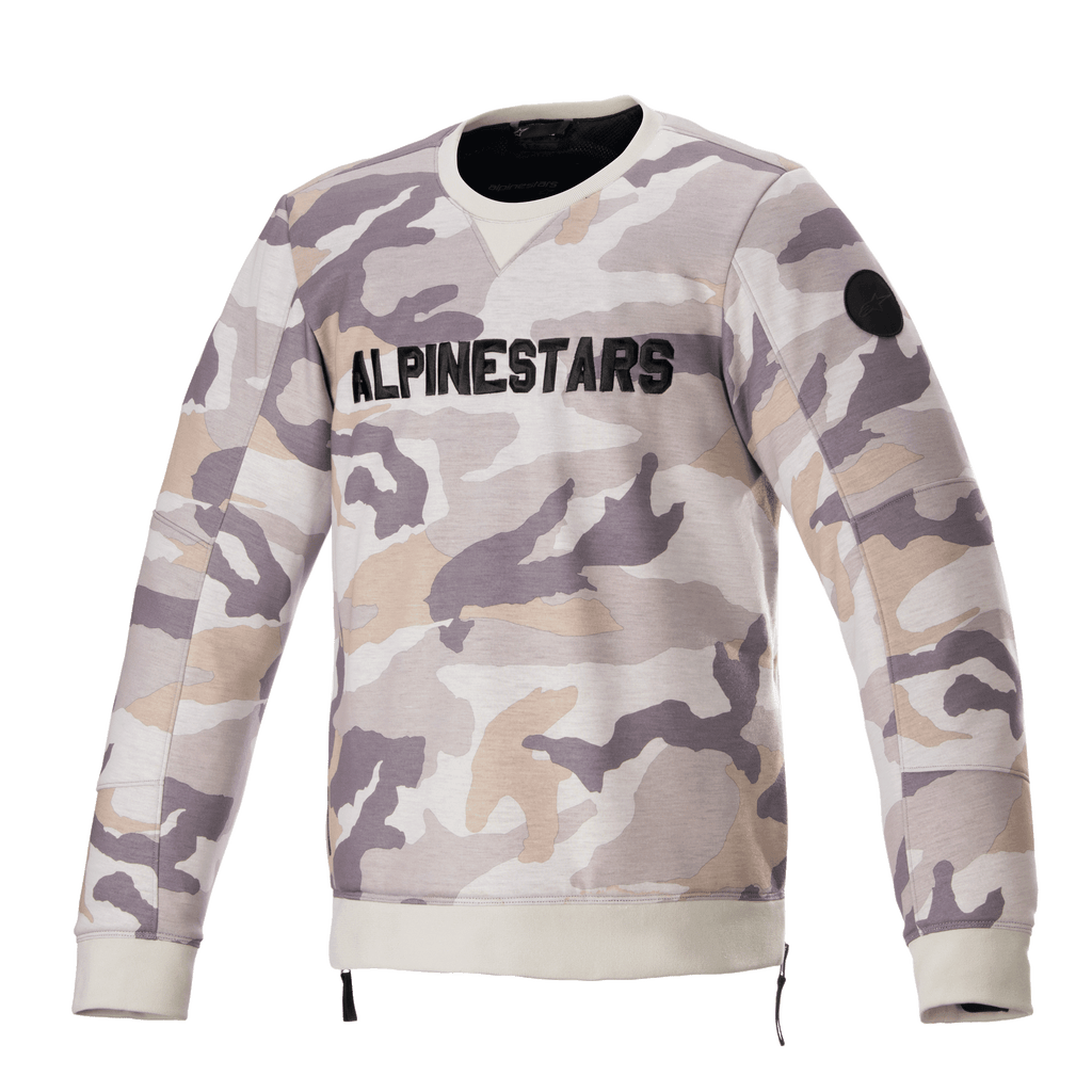 Alpinestars Legit Crew Fleece, motocyklowa bluza, Light Gray Camo, wyraźne czarne logo ALPINESTARS na klatce piersiowej, okrągła czarna naszywka na rękawie, ściągacze przy mankietach i na dole, codzienna miejska odzież motocyklowa