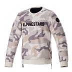 Alpinestars Legit Crew Fleece, motocyklowa bluza, Light Gray Camo, wyraźne czarne logo ALPINESTARS na klatce piersiowej, okrągła czarna naszywka na rękawie, ściągacze przy mankietach i na dole, codzienna miejska odzież motocyklowa