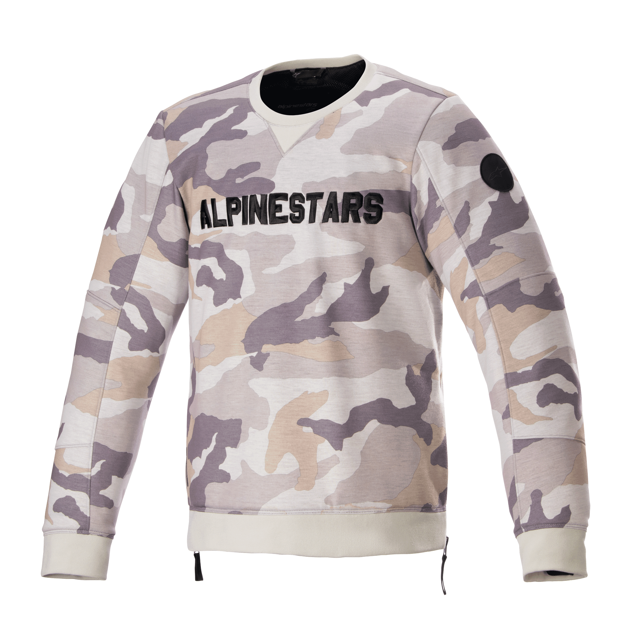 Alpinestars Legit Crew Fleece, motocyklowa bluza, Light Gray Camo, wyraźne czarne logo ALPINESTARS na klatce piersiowej, okrągła czarna naszywka na rękawie, ściągacze przy mankietach i na dole, codzienna miejska odzież motocyklowa