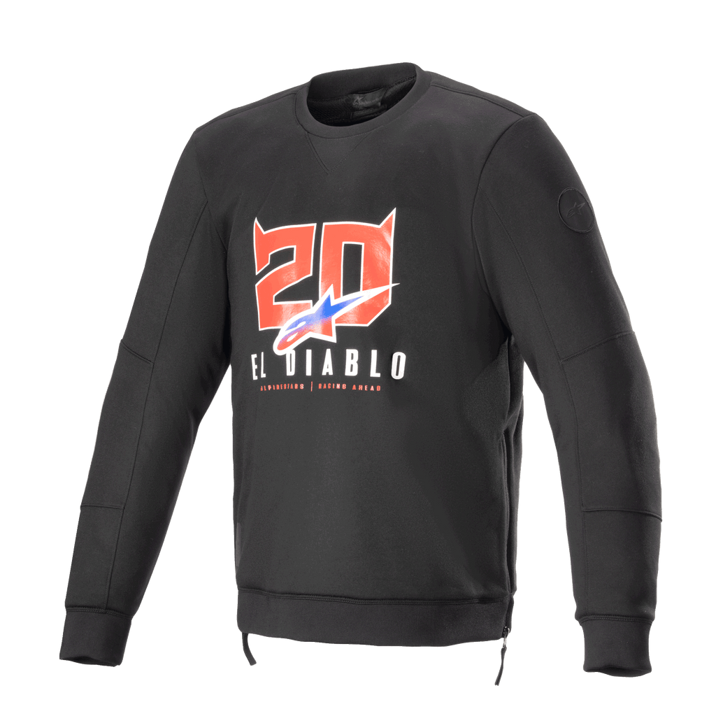 Alpinestars FQ20 Legit Crew Fleece, czarna motocyklowa bluza z długim rękawem, czerwona grafika z numerem „20” z rogami diabła i napisem „El Diablo” na piersi, niebiesko-czerwone cieniowane logo, boczne zamki i ściągacze, miejska odzież do jazdy
